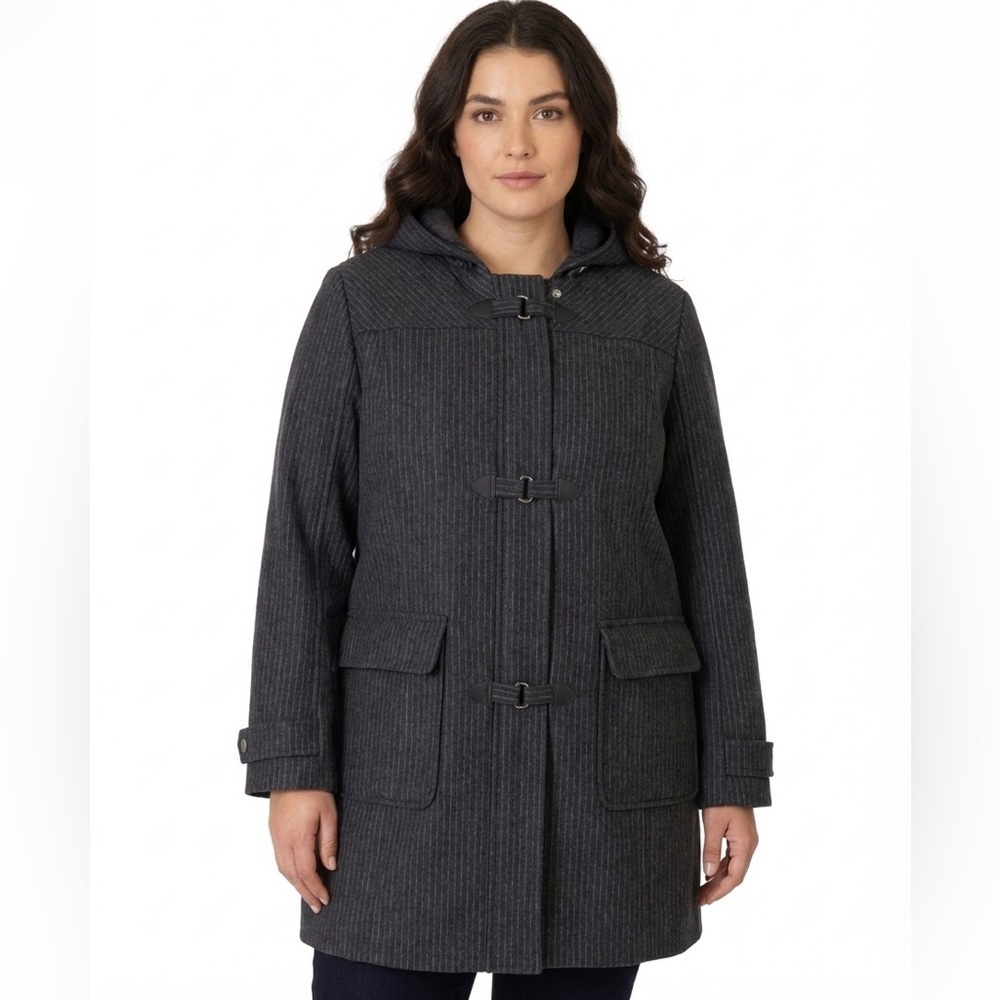WOOLRICH Gray Pinstripe Wool Hooded Parka Coat Jacket 2XL